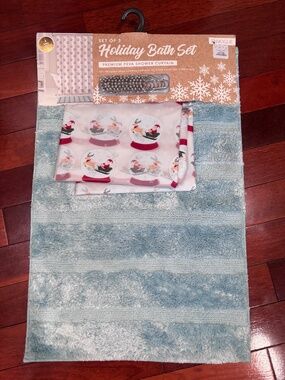 Holiday Christmas Bath Curtain and Rug Set